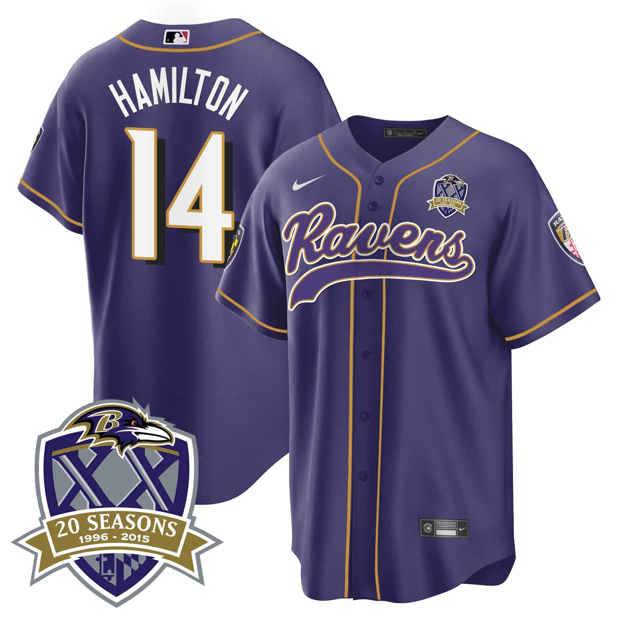 Men Baltimore Ravens #14 Hamilton Purple 2024 Nike 20th Season Patch Baseball NFL Jersey style 1